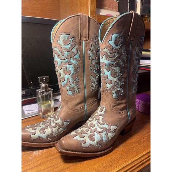 Shyanne Boots Womens 7 Snip Toe Turquoise Overlay Leather Western Used Tooled - Picture 1 of 9